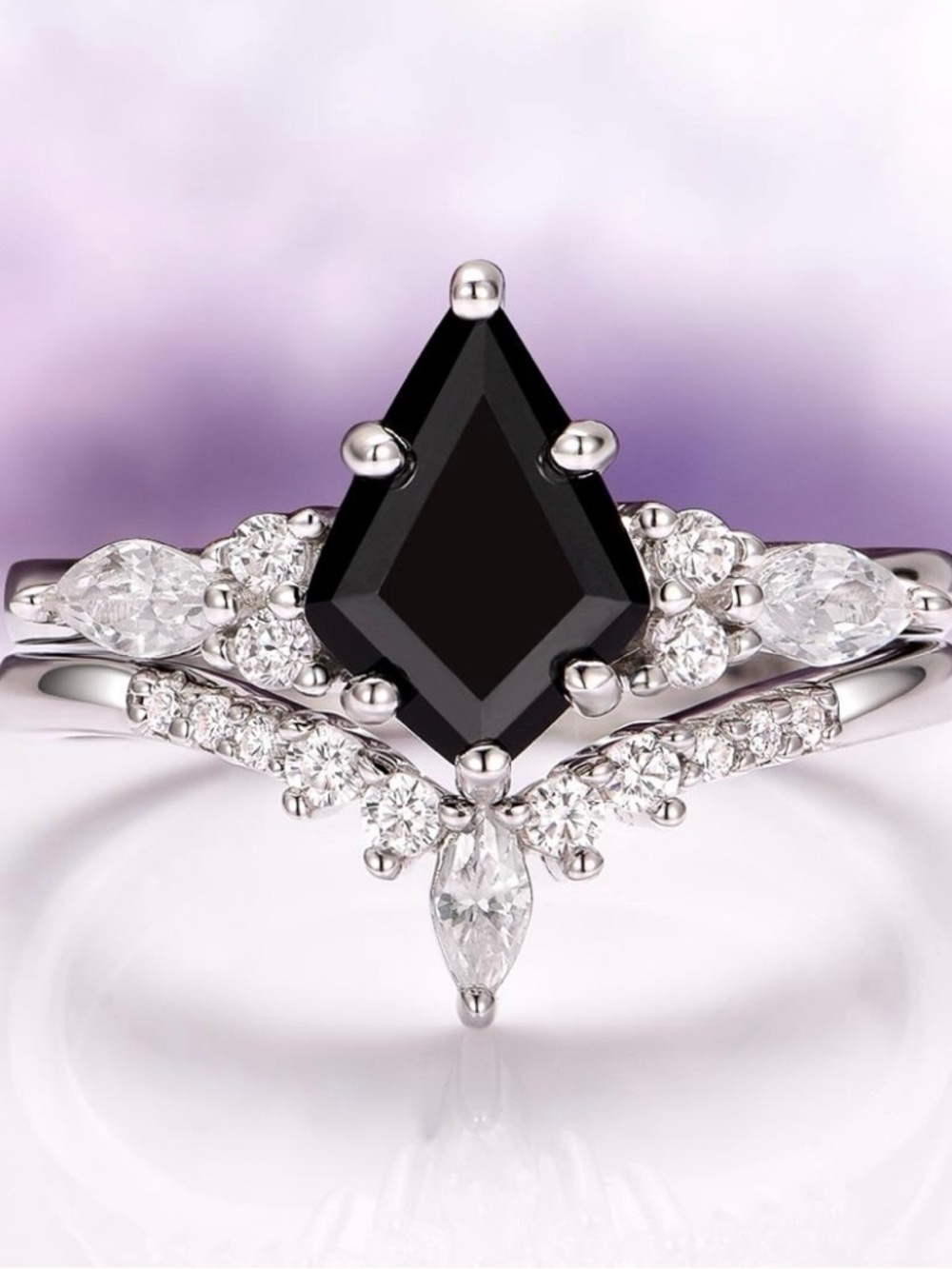 Aquamarise Black Onyx Diamond Ring Set Kite Sterling Silver Unique Jewelry NWOT - Picture 3 of 8